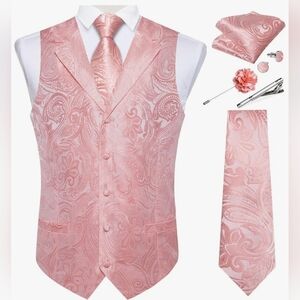 New 3XL Pink Silk Paisley Vest and Tie Set